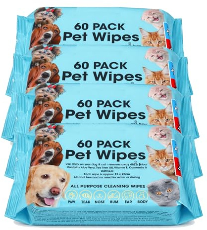 Pet Cleaning Wipes for Dogs and Cats, Alcohol Free Deodorizing Multi-Purpose Cleaning Pet Wipes Pack of 60 (240 WIPES)