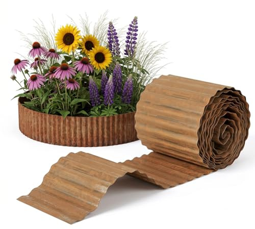 LOMUG Rasenkante aus Cortenstahl 6 m Cortenstahl Rasenkante 20 cm Hoch Beeteinfassung Metall, Gewellte Beetumrandung mit Rostoptik zur Gartengestaltung, Rasenkanten, Blumenbeet, Kieswege Gartenwege