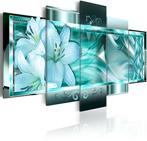B&D XXL Acrylglasbild Abstrakt 200x100 cm 5 Teilig Wandbild auf Acryl Glasbilder Kunstdruck Moderne Acrylglas Platte Wanddekoration Geschenke Heimdekoration Glasbild Blumen Lilien Ornment blau