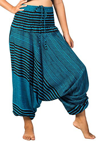 Lofbaz Women's Stripe Printed Smocked Waist Harem 2 in 1 Jumpsuit Pants Light Blue XL