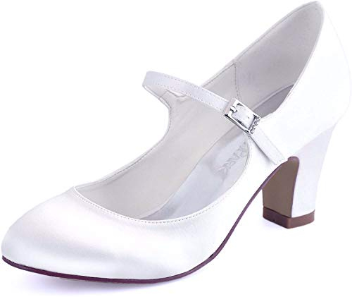 ElegantPark HC1801 Bequeme Damen Blockabsatz Mary Jane Pumps Satin Hochzeit Brautschuhe, Weiß, 38 EU