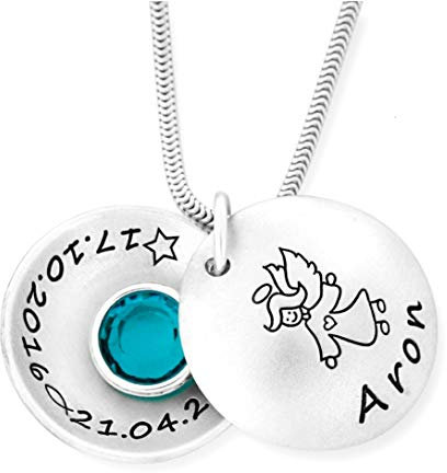 Taufkette Silber Medaillon Geburtsstein mit Gravur Taufmedaillon Taufschale Silberkette zur Taufe Taufgeschenk für Patenkind Engel Schutzengel