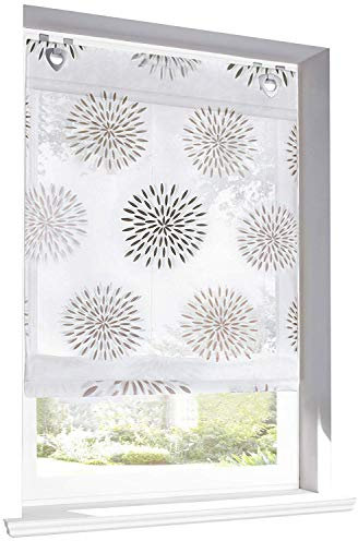 1 Stück Raffrollo mit Kreis-Motiven Floral Design Raffgardine Voile Transparent Vorhang (BxH 60x140cm, Braun mit U-Haken)