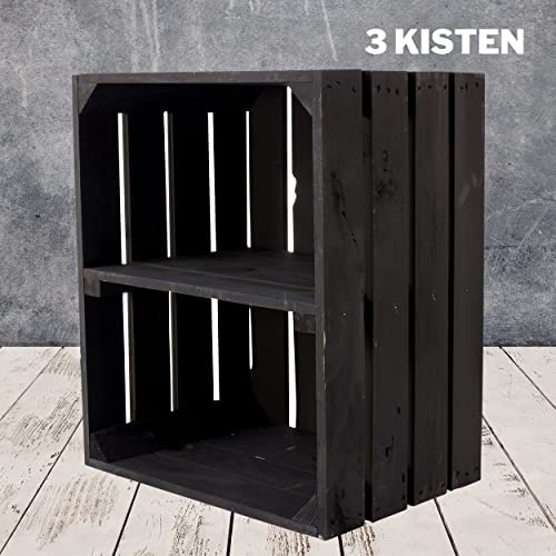 Vinterior Schwarze Obstkisten Weinkiste Wohnzimmer Black Holzkiste Küche Holzkiste Regal 50x40x30cm (3 Schwarze Regalkisten (quer))