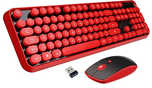 Letton Wireless Keyboard Mouse Combo, 2.4GHz Typewriter-Style Full Size Office Computer Retro Keyboard and Cute Mouse With 3 DPI for Mac PC Desktop Laptop - Red