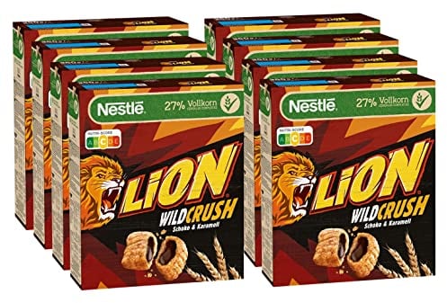 Nestlé Cerealien LION WildCrush, Schoko & Karamell Frühstücks-Cerealien, 8er Pack (8x360g)