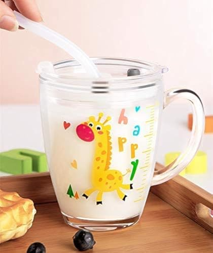 ITODA Tasse pour Enfants Tasse à Lait avec Paille Silicone Verres à Boire Transparent 300 ml avec Échelle Poignée Verre d'eau Dessin avec Un Couvercle Anti-fuite Mug pour Enfants,girafe,taille unique
