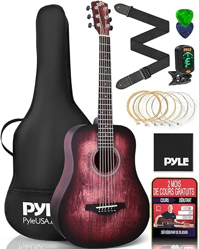Pyle Akustikgitarren-Starter-Pack, 86,4 cm, ½ Junior-Größe 6, Lindenholz, rotes Burst-Design mit Zubehörtasche, Stahlsaiten, Nylongurt, Stimmgerät, Plektren, für Anfänger, rechts, PGA820