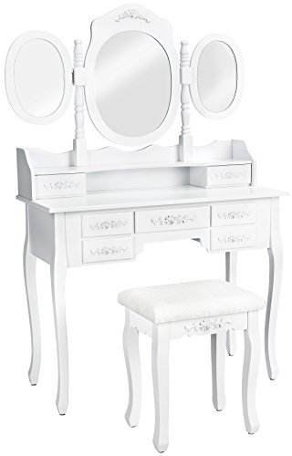 tectake 402074 Sminkbord med 7 byrålådor + spegel + pall