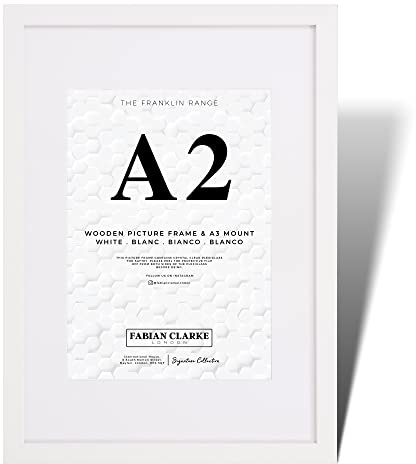 Fabian Clarke London® Modern White A2 Wooden Picture Photo Frame with White A3 Mount to Hang Portrait or Landscape