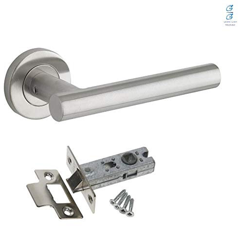 Golden Grace Straight T-Bar Door Handles in Brushed Steel Finish On Round Rose with Tubular Latch - 1 Pair