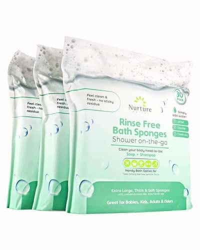 Rinse Free Sponge Bath Wipes (30pack) Extra Large & Thick No Rinse Waterless Body Wipe Sponges Disposable Shower OnTheGo Cleaning Wash Cloths for Kids Adults Elder Care Gym Travel & More (3 Pack)