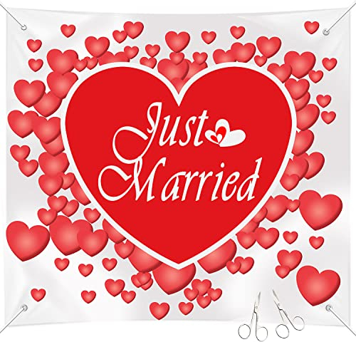 Hochzeitsherz zum Ausschneiden mit 2 Scheren und Schnur, Just Married Hochzeitslaken, Herzlaken für das Brautpaar 200x180cm, Hochzeitsspiel für Braut und Bräutigam