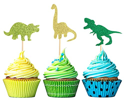 Blumomon 24Pcs Dinosaur Cupcake Topper Green Gold Glitter Cupcake Picks Cake Decoration for Baby Shower Wedding Birthday Event Party Supply