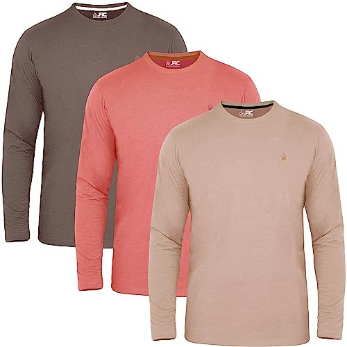 JRC Just Royal Clothing Pack of 3 Mens Long Sleeve Crewneck T-Shirts, Casual Round Neck Tops (Peach Amber, Rgby Tan, Cocoa Brown, L)