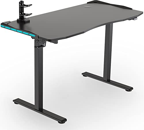 ESMART Germany GSX-121 120x60cm Schwarz Carbon Ergonomischer Steh-Sitz-Gaming-Schreibtisch Stufenlos höhenverstellbar 73-121 cm RGB Beleuchtung Kopfhörerhalter Controllerhalter