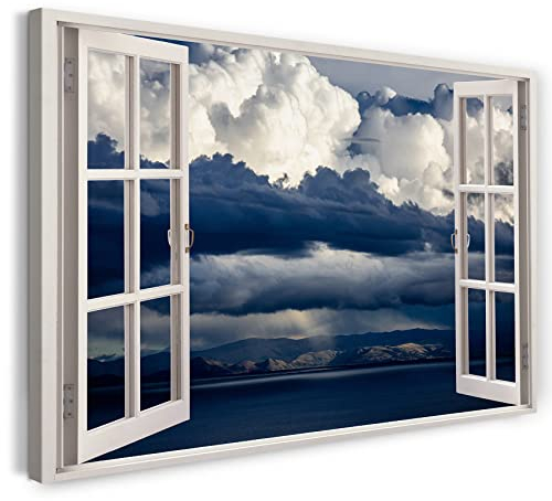 Printistico Bilder Fensterblick 120x80cm Baumwoll-Leinwand auf Keilrahmen mit Aufhänger moderner Kunstdruck XXL Wandbilder Wand-Dekoration Himmel über See Wasser Berge Wolken Natur - Natur-Fotografie