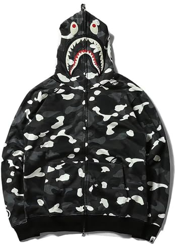 MRRTIME Bape Shark Hoodie, Bape Kapuzenpullover, Men's Jacket, Men's 3D Camouflage Shark Head Hooded Jacket, Hoodie with zipping, Street Fashion, Hoodie with zipping 01,E,S