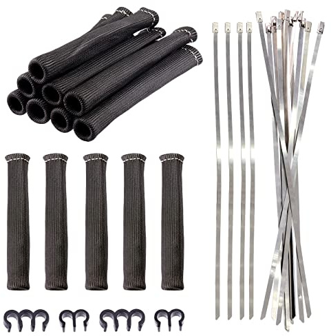 Keadic 30 Pcs Black Spark Plug Protect Boot Wire Looms Kit with 304 Stainless Steel Cable Zip Ties, 6 2500 Degree Heat Shield Thermal Protection Insulator Sleeve Braided Cover for Car Truck