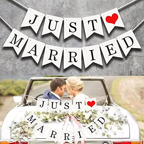 DWARFOO Just Married Car Decorations - Wedding Banner, Sign & Photo Props for Honeymoon