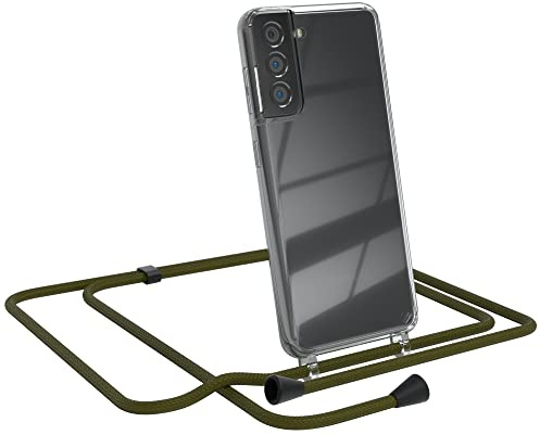 EAZY CASE Handykette kompatibel mit Samsung Galaxy S21 5G Handyhülle mit Umhängeband, Handykordel mit Schutzhülle, Silikonhülle, Hülle mit Band, Kette mit Hülle für Smartphone, Grün - Clips Schwarz