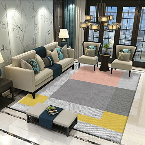 Tzvpsu Tapis Tapis Doux,Tapis Antidérapant Facile À Nettoyer Motif Géométrique Jaune Gris Rose Tapis d eveil,Chambre Enfant Complete 180x250cm