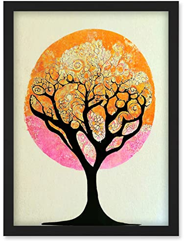 Doppelganger33 LTD Tranquil Tree Silhouette Abstract Illustration Enchanted Linocut Artwork Framed Wall Art Print A4