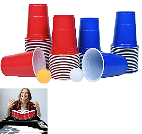 VA-Cerulean Beer Pong Becher,Partybecher Set mit 100 Becher 480ml und 10 Tischtennisbälle,Wiederverwendbare Plastikbecher für Trinkspiele Partyspiel Hochzeit Geburtstag Weihnachten