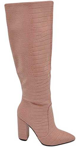 Malu Shoes Stivali donna rosa a punta tacco doppio 10 cm lucido altezza ginocchio rigido stampa coccodrillo con zip moda (40 EU)