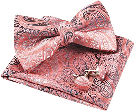 Alizeal Herren Paisley Fliege, Einstecktuch und Manschettenknöpfe Set, 016-Koralle, Einheitsgröße