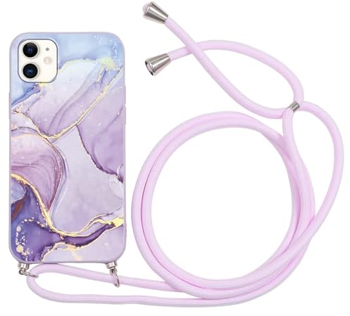 ZhuoFan Handykette Handyhülle für iPhone 11 Hülle mit Band,Aesthetic Marmor Muster Verstellbarer Halskette mit Kordel zum umhängen,Violett Silikon Stoßfest Schutzhülle mit Kette Cover,Marble Case