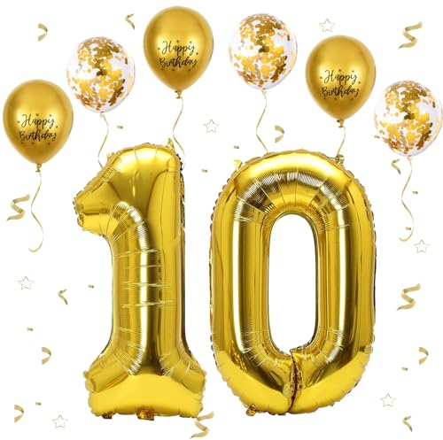 VUCDXOP Gold Luftballon 10, XXL Riesige Geburtstag Ballon 10, 40 - 101cm Ballon Zahl Deko Folienballon Zahlen 1 & 0, Geburtstagsdeko Jubiläum Party Deko, Fliegt mit Helium (Nummer 10)