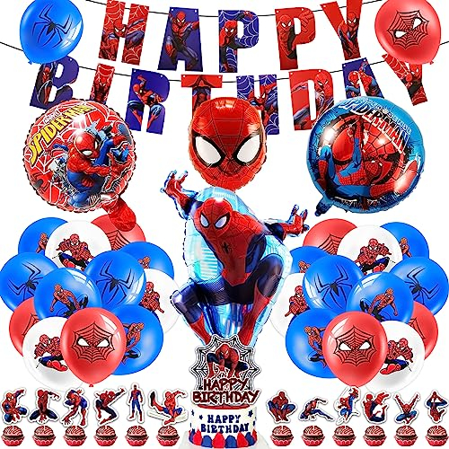 42pcs Spider Geburtstagsdeko, Luftballons Ballon Geburtstag Deko, Themenparty Geburtstagsdeko Junge-24 Latexballons, 13 Cake Toppers, 1 Happy Birthday Banner, 4 Folienballons, Kindergeburtstag Deko