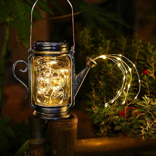 TOTHDATE 2PCS Solar Garden Lights Silver Watering Can, Garden Ornaments Outdoor with 45 LEDs String Lights Solar Mason Jar Lantern Lights IP65 Waterproof for Gardens Courtyards Balcony Patio