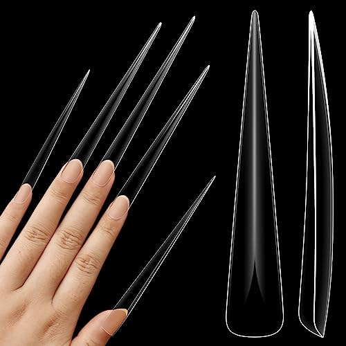 NOVO OVO Pointes d'ongles stiletto extra longues, super extrêmes, longs, pointus, à tête de flèche, 5XL, XXXXXL, couverture complète, transparents, pour ongles en acrylique x 12 tailles