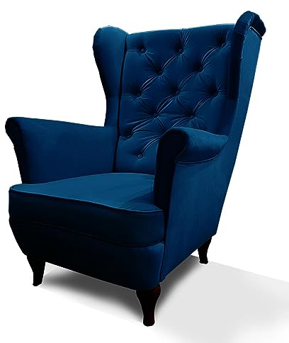 Ohrensessel aus Velours, Sessel mit Holzbeine, Wohnzimmersessel mit Wellenfedern, Elegant und Bequem (Stoff: Kronos 09 - Marineblau)