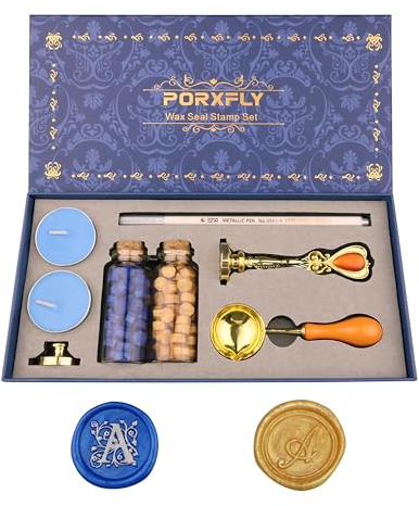 PORXFLY 2 Stück Letter A Wachs-Siegel-Stempel-Set, Initial Alphabet Wachs-Siegel-Stempel-Kit Vintage Geschenk-Box, A bis Z Buchstaben-Serie Stempels für Hochzeit Einladungen, Umschläge (A)
