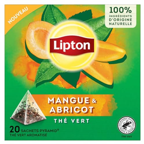Lipton, Thé Vert, Thé Vert Aromatisé, Infusion à Froid ou Chaud, Goût Mangue & Abricot, Ingrédients d'Origine 100% Naturelle, 20 Sachets Pyramid