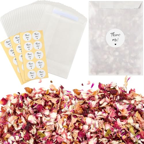 Tenare 50 Sets Hochzeit Konfetti Taschen Set für 45-50 Gäste inklusive Natürliches Getrocknetes Blumen Konfetti Getrocknete Rosenblätter Pergamin Papierbeutel Aufkleber für Jubiläum (Elegant)