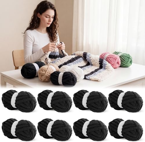BALAPET Chunky Chenille Yarn for Crocheting & Knitting, 8 oz/226.8g, 27 yds/25m, Soft Fluffy Plush Yarn Set, Black