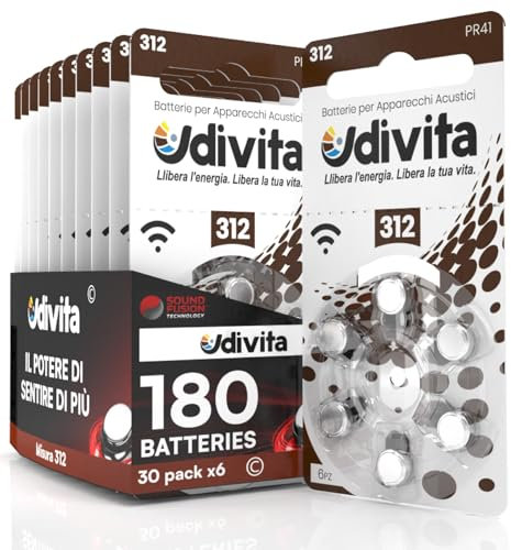 180 Hearing Aid Batteries Size 312 Udivita - Zinc Air Batteries with Mercury-Free Phono Pulse Technology - 30 Blisters of 6 Batteries