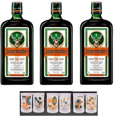 3 x Jägermeister 35% Vol. a 0,7l 0,7l + 6 Design Gläser Edition 1-6 + Space Riegel a 45g