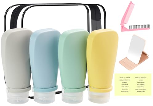 HEYMKGO Silicone Travel Bottles for Toiletries, 90ml Travel Containers Set with Labels Includes Mirror and Foldable Comb, Refillable Travel Kit Squeeze Empty Bottles for Shampoo Conditioner Shower Gel