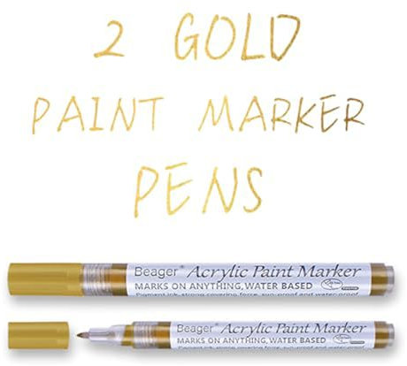 Beager 2Pcs Gold Acrylstifte für Steine, 0,7mm Permanent Marker Stifte Wasserfest Lackstift Acrylfarben Stifte Steine Bemalen Stifte für Holz Leinwand Keramik Metall Papier Glas Kunststoff