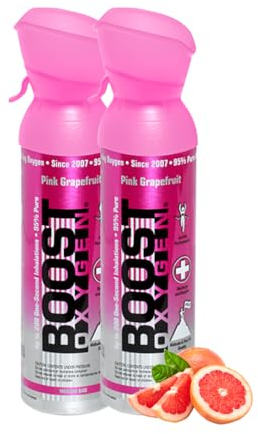 Boost Oxygen - Botella de Oxígeno Portátil - Lata de Oxigeno 95% Puro y Natural - Concentración, Recuperación, Energía, Estado de Ánimo, Mediano - 10L,2x5L (2x Envases- 200 Inhalaciones) - Pomelo Rosa