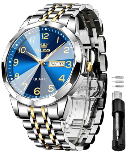 OLEVS Watches for Men Blue Stainless Steel Analog Quartz Diamond Business Luxury Dress Waterproof Luminous Date Casual Mens Wrist Watches