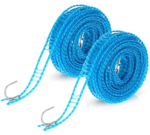 Giantree Lot de 2 cordes à linge antidérapantes avec crochets, portable, pour voyage, camping, maison, jardin et camping (5 mètres)
