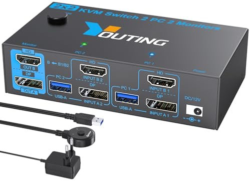 YOUTINGHDAV 2x2 KVM Switch 2 PC 2 Monitore HDMI DP, USB 3.0 KVM Switch Dual Monitor 8K@60Hz HDMI 2.1, 4K@144Hz Displayport 1.4 für 2 PC Teilen Maus Tastatur mit Kabelfernbedienung