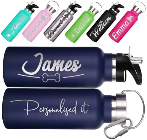 Qingxily Personalised Water Bottle for Kids Women Men 350/750ml Insulated Stainless Steel Engraved Name Logo Ideal for School Gym Outdoors Leak-Proof with Bonus Straw Lid