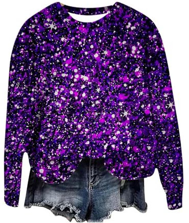 Funkelndes, bedrucktes Langarm-Sweatshirt mit Rundhalsausschnitt für Damen für Party-Events Pullover Wolle Damen (Dark Purple-a, XL)